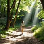 **

A sun-drenched forest path with dappled light filtering through the leaves. A woman is walking peacefully, deeply inhaling the fresh air. A small stream babbles beside the path. The scene evokes tranquility and stress relief.

**