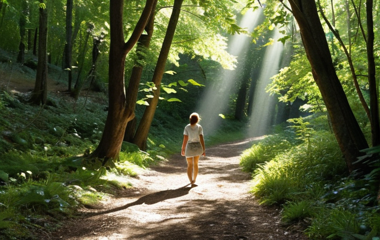 **

A sun-drenched forest path with dappled light filtering through the leaves. A woman is walking peacefully, deeply inhaling the fresh air. A small stream babbles beside the path. The scene evokes tranquility and stress relief.

**