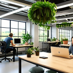 Plant-filled Office Space**

Prompt: An open office space with abundant greenery. Plants are everywhere - hanging from the ceiling, lining shelves, and on desks. Natural light streams through large windows. People are working, looking relaxed and focused. The overall feeling is calm, productive, and biophilic.

**