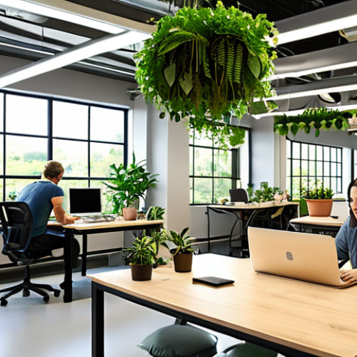 Home 14 Plant-filled Office Space**
Prompt: An open office space with abundant greenery. Plants are everywhere - hanging from the ceiling, lining shelves, and on desks. Natural light streams through large windows. People are working, looking relaxed and focused. The overall feeling is calm, productive, and biophilic.
**