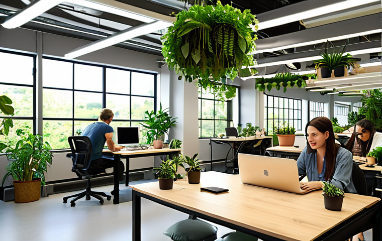 Plant-filled Office Space**

Prompt: An open office space with abundant greenery. Plants are everywhere - hanging from the ceiling, lining shelves, and on desks. Natural light streams through large windows. People are working, looking relaxed and focused. The overall feeling is calm, productive, and biophilic.

**