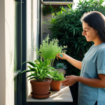 **

A woman tending a small balcony garden, fully clothed in modest casual wear, surrounded by potted plants and herbs. The scene is bathed in soft morning light, creating a peaceful and serene atmosphere. Include well-formed hands, proper finger count, perfect anatomy, and natural proportions. Safe for work, appropriate content, fully clothed, professional quality.

**