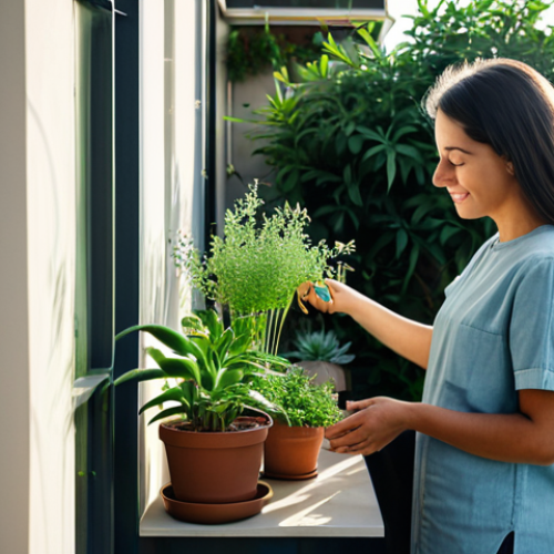 Home 7 **
A woman tending a small balcony garden, fully clothed in modest casual wear, surrounded by potted plants and herbs. The scene is bathed in soft morning light, creating a peaceful and serene atmosphere. Include well-formed hands, proper finger count, perfect anatomy, and natural proportions. Safe for work, appropriate content, fully clothed, professional quality.
**