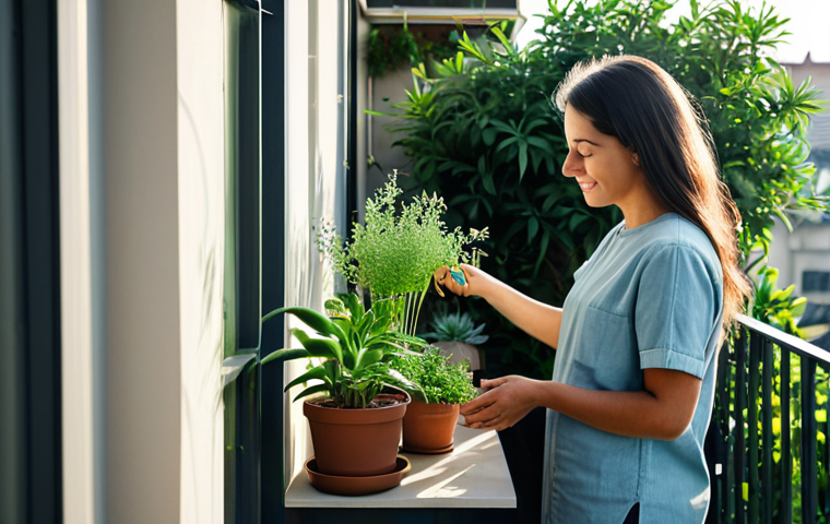 **

A woman tending a small balcony garden, fully clothed in modest casual wear, surrounded by potted plants and herbs. The scene is bathed in soft morning light, creating a peaceful and serene atmosphere. Include well-formed hands, proper finger count, perfect anatomy, and natural proportions. Safe for work, appropriate content, fully clothed, professional quality.

**